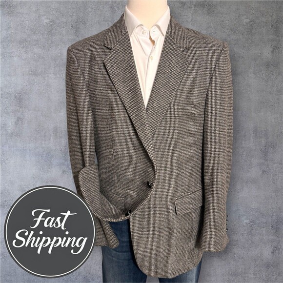 Vintage TWEED WOOL Men’s Blazer 48L Gray Sport Coat Two‑Button Jacket - Picture 1 of 15